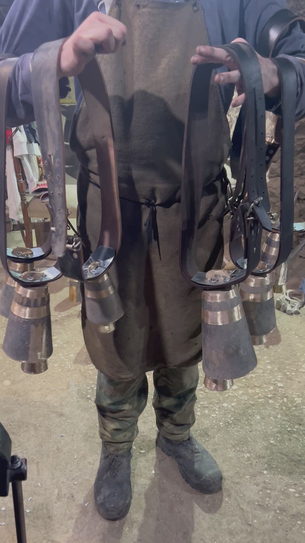 Five Greek handmade Cowsbells with leather collars installed